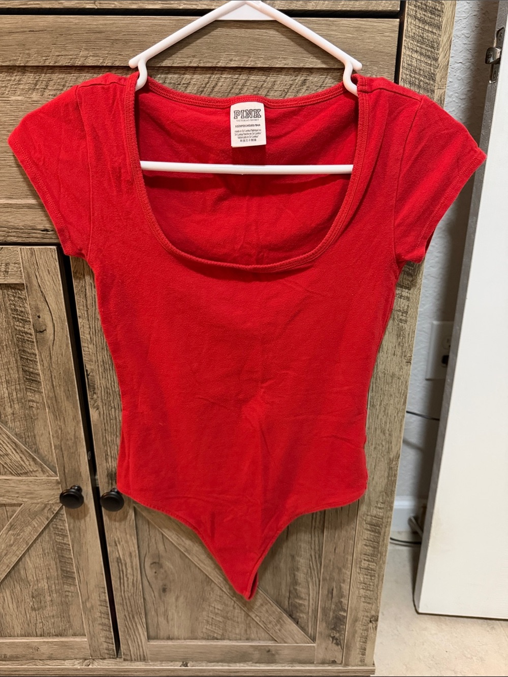PINK Victoria's Secret Red Scoop Neck Short Sleeve Bodysuit